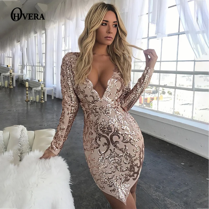 Ohvera Сетчатое вечернее платье с блестками, женское облегающее сексуальное платье с глубоким v-образным вырезом, зимнее мини-платье, элегантное Vestidos