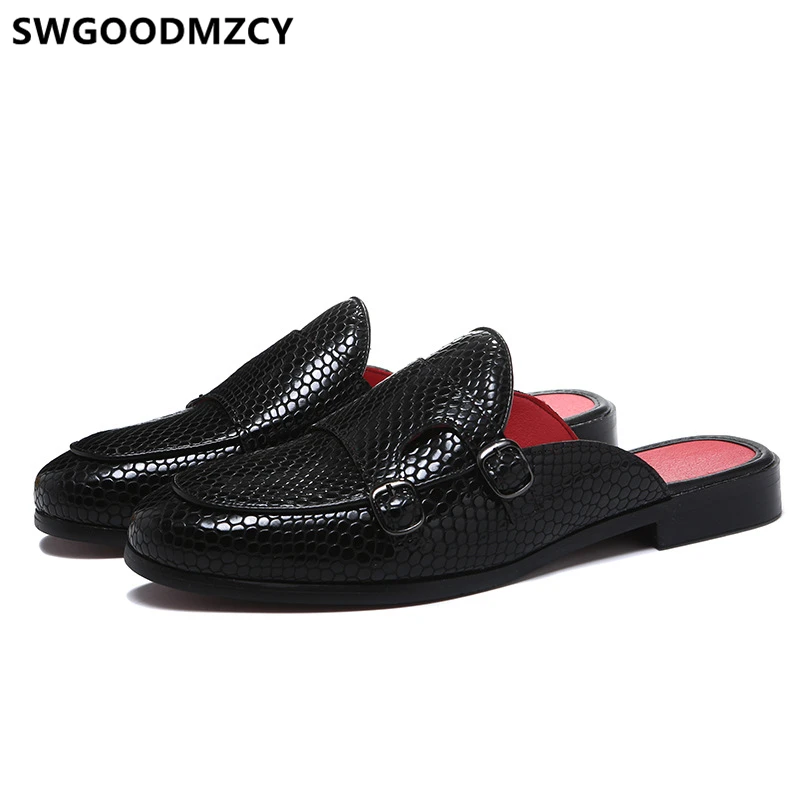 double monk strap shoes men leather half shoes for men mule masculino Coiffeur men half shoes zapatos de hombre casuales cuero - Цвет: Черный