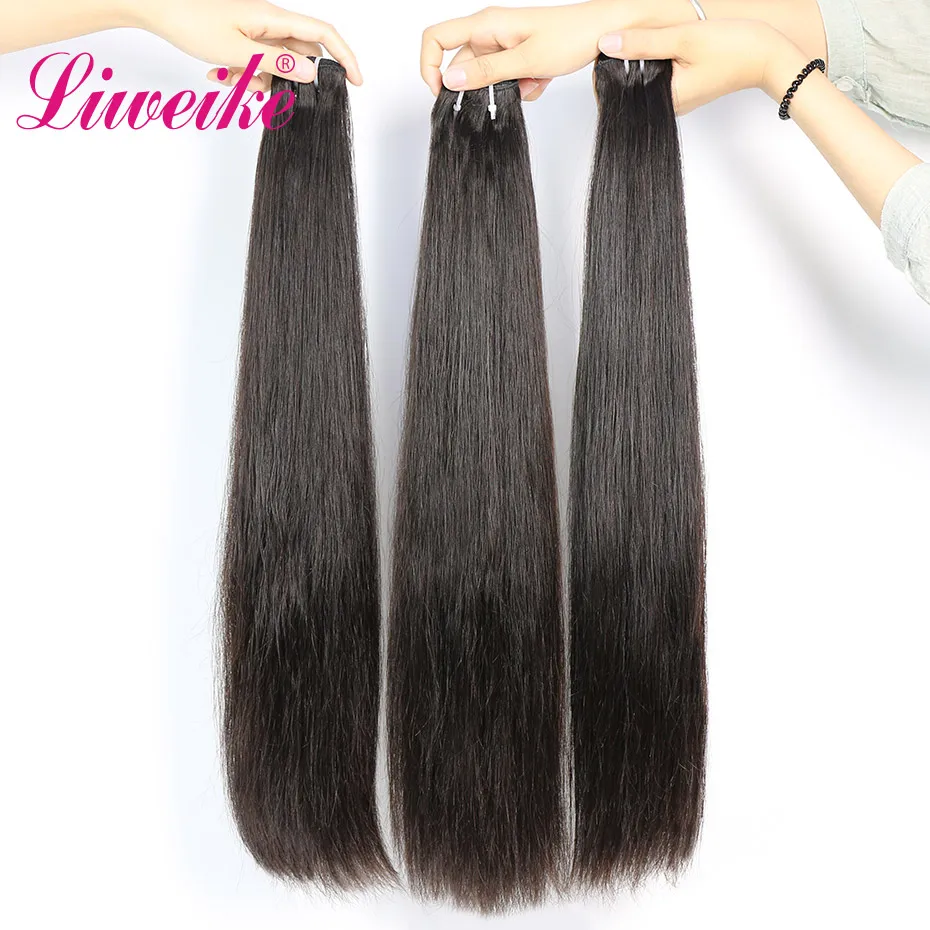 Liweike Straight Double Drawn Weft 3 Bundles Deal Brazilian Hair 100% Remy Human Pieces Extentions Natural #1B Color | Шиньоны и парики