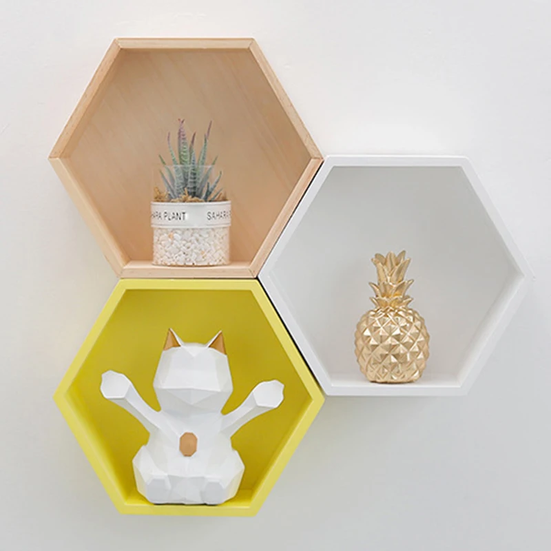 

1 * Hexagon Solid Wooden Wall Shelf Loft Dorm Storage Rack Organizer Container~
