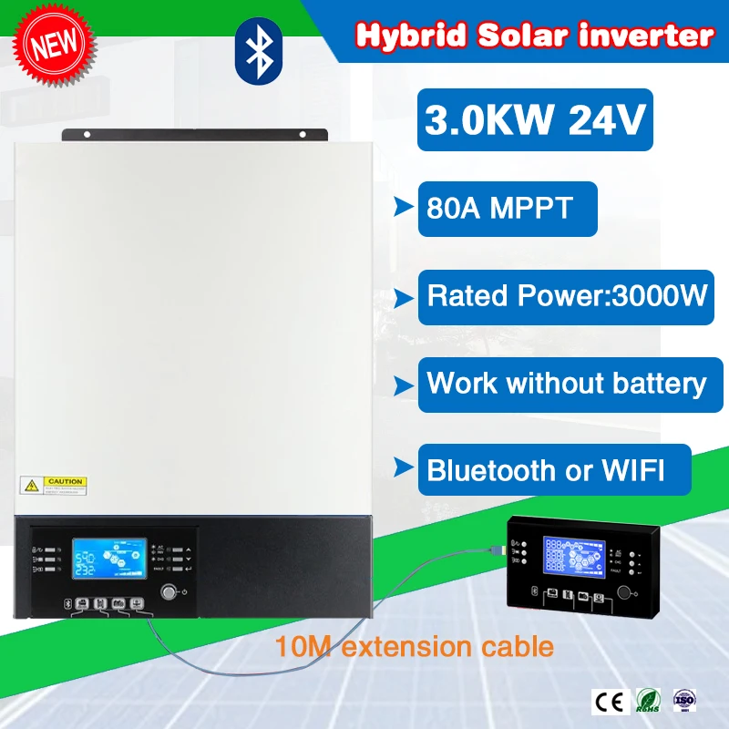 

3000W 24V Pure Sine Wave Hybrid Solar Inverter Work without battery remove LCD With Wifi Built-in 80A MPPT solar controller