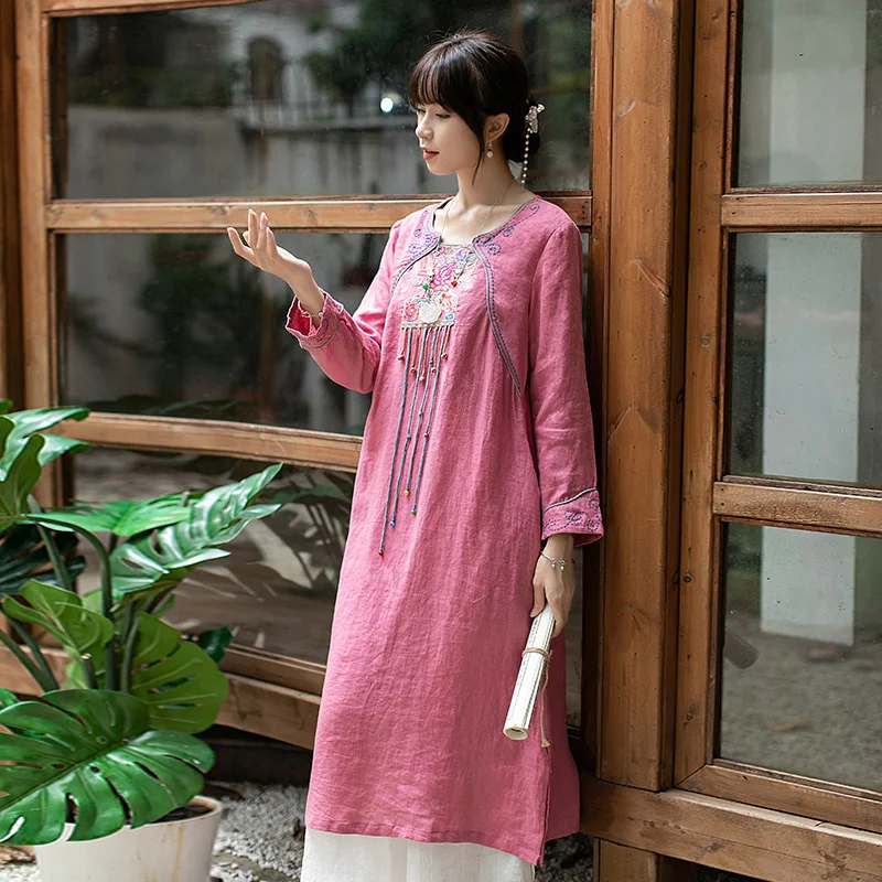 S21l31 disc button women's long sleeved Tang style linen dress mid autumn Chinese embroidered tea |