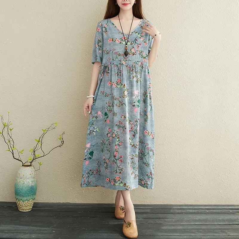 

Women Cotton Linen Casual Dress New Arrival 2021 Summer Vintage Style V-neck Floral Print Loose Ladies A-line Long Dresses T003