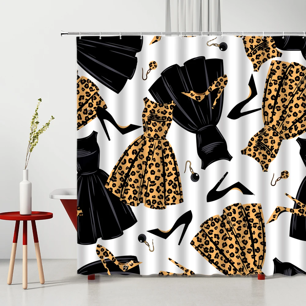 

Leopard High Heel Pattern Shower Curtains Animal Texture Printed Home Bathroom Decor Supplies Washable Fabric Curtain With Hook