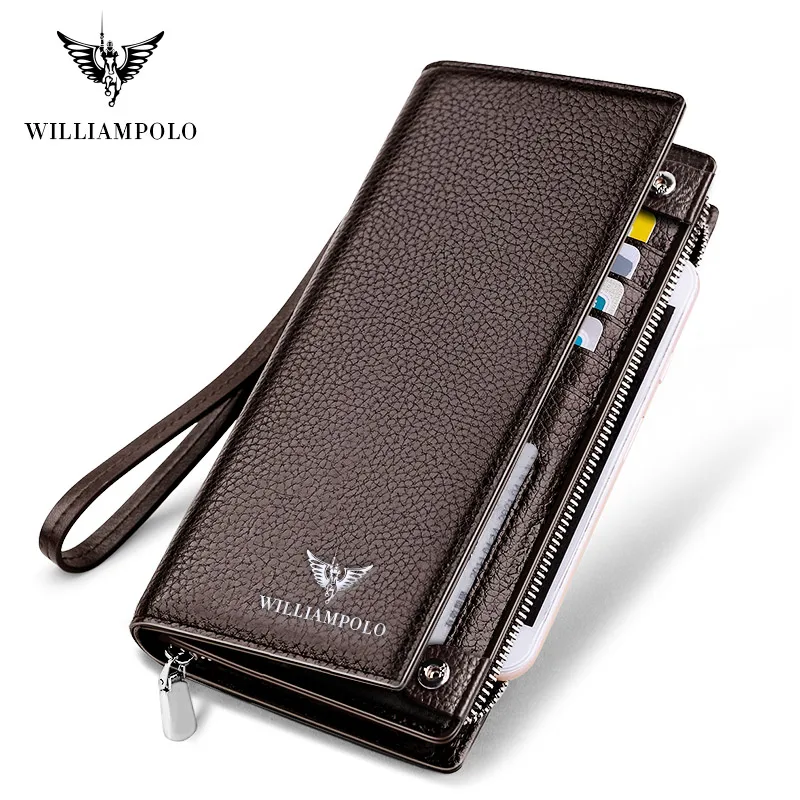 Мужской Длинный кошелек из зернистой кожи WilliamPolo черный модный для телефона с
