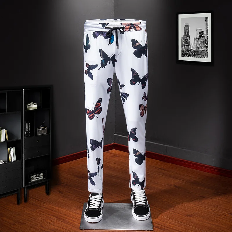 

Sweat track Pants White for Men streetwear comfortable cool butterfly pattern Men's casual full length trousers 1018