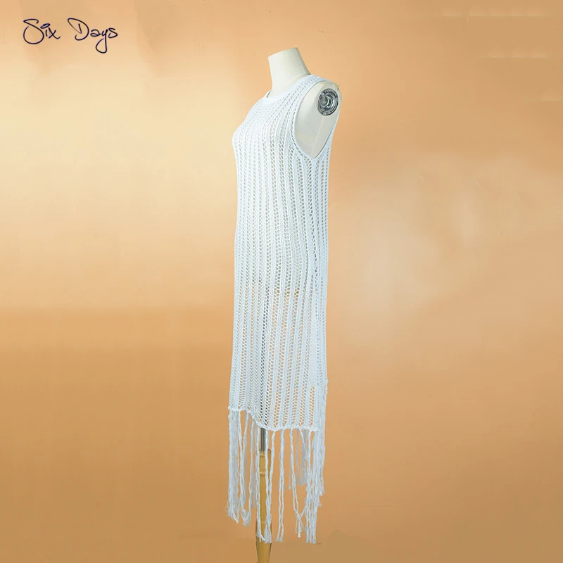 Sexy Women's Swimwear 2021 Summer Dress Beach Cover Up Bikini Hollow Out Long Tassels Crochet White Robe Girl Beachwear Tunic