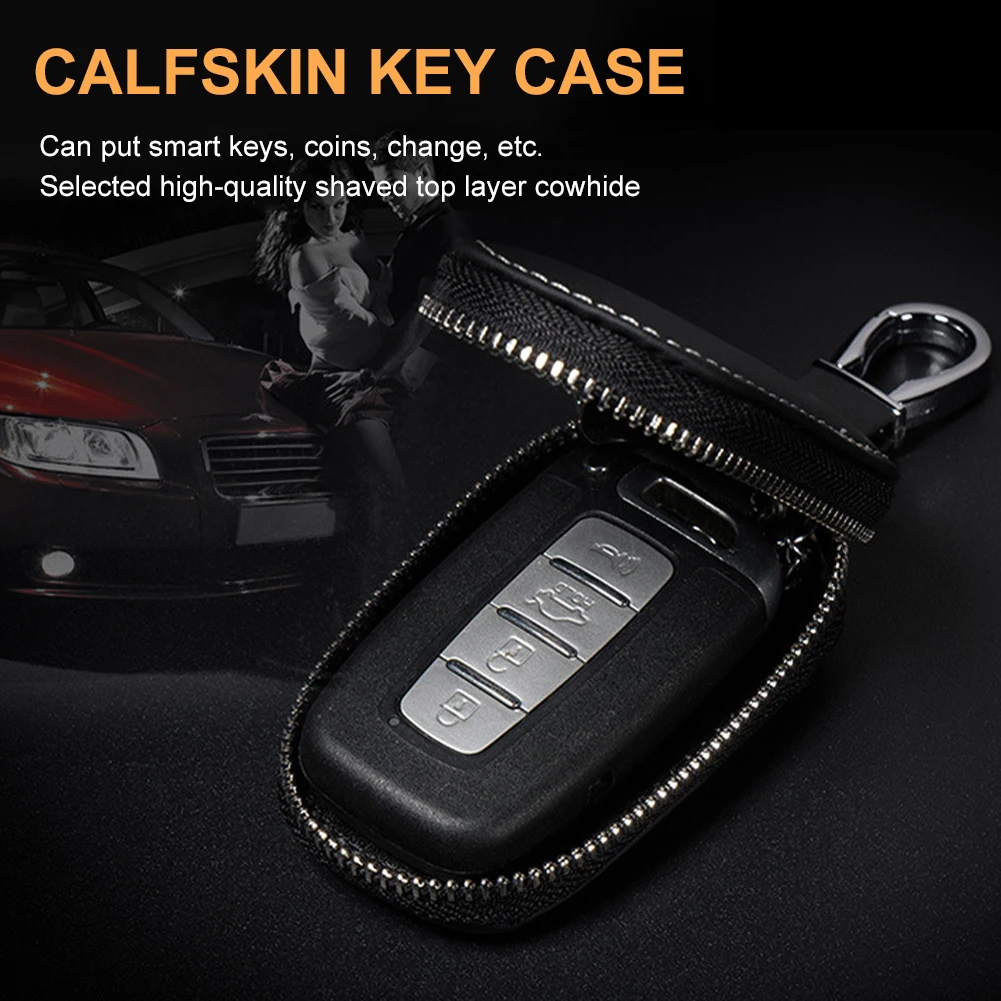 

Universal Car Key Case Handmade Leather Car Remote Key Protector Zipper Remote Control Key Fob Protective Cover Holder Keychain