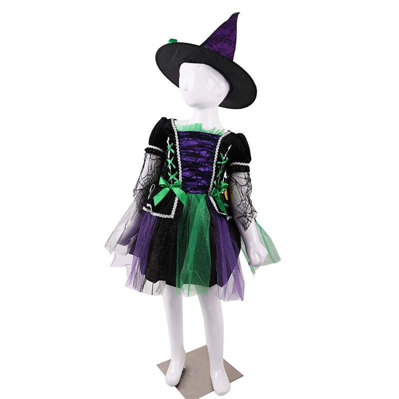 Новые детские модели Маскарадного костюма комплект фиолетовой ведьмы для
