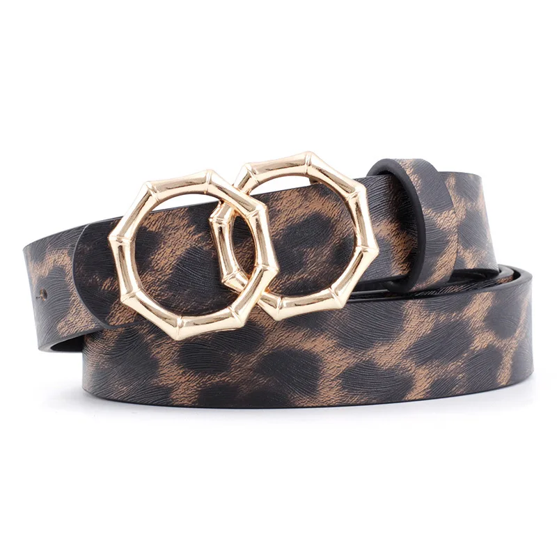 

Women's Double Round Buckle Belt for Girl Decorated Jeans Dress Pu Leather Casual Leopard Grain glod Ceinture Femme