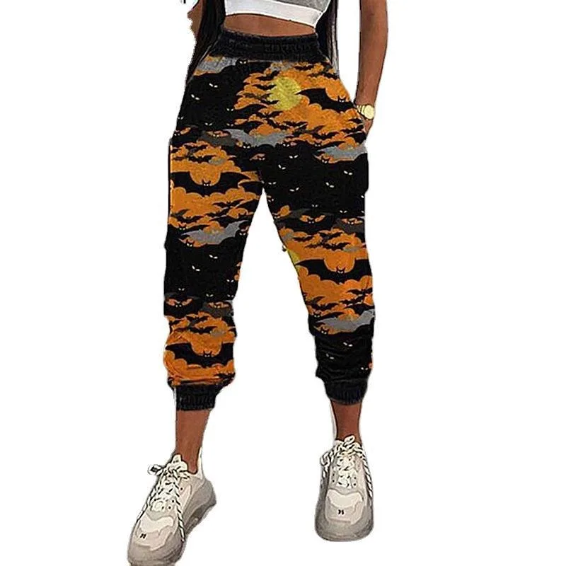 

Women's Ninth Pants High Waist Elastic Ankle Length Pocket StreetWear Trousers Female Print Casual Legging Pants