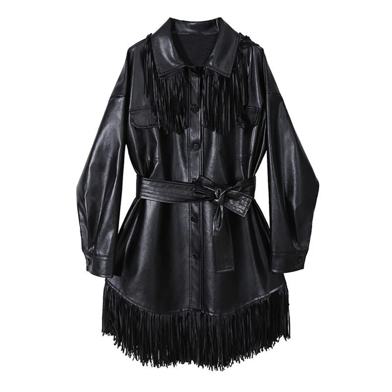 

New Style Tassel Mid-Length Street Lace Pu Leather Single-Breasted Windbreaker Jacket Leather Jacket Women