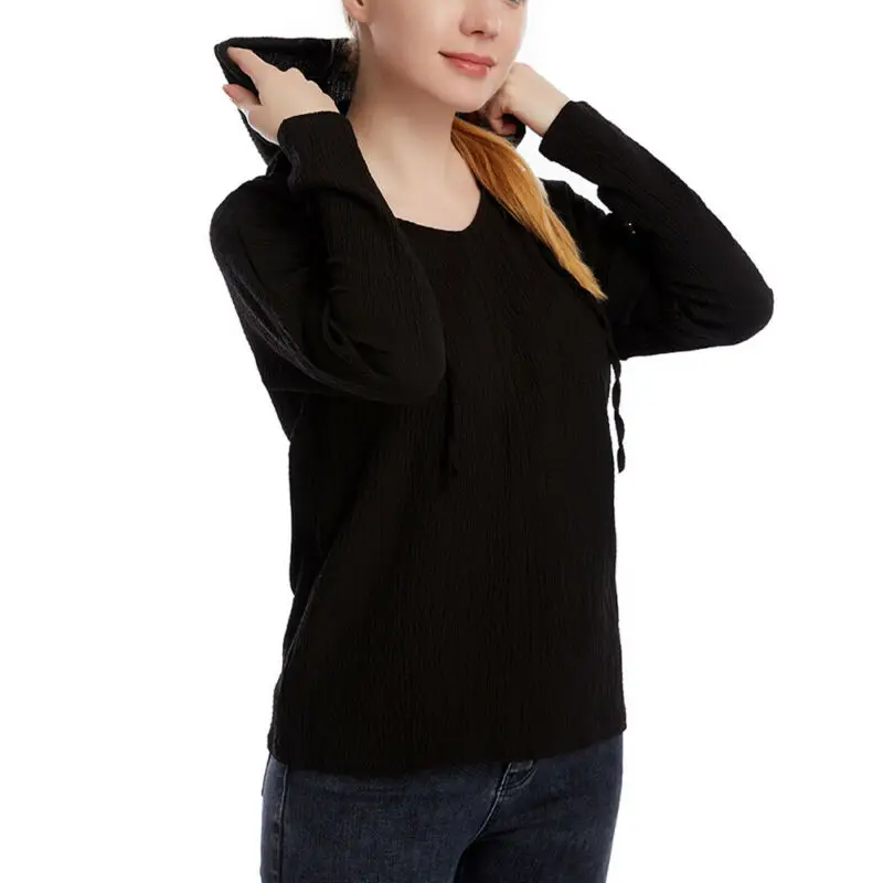 

Женские футболки с длинным рукавом, с v-образным вырезом, с капюшоном, на завязках, Повседневная Свободная одежда, модные однотонные женские ...