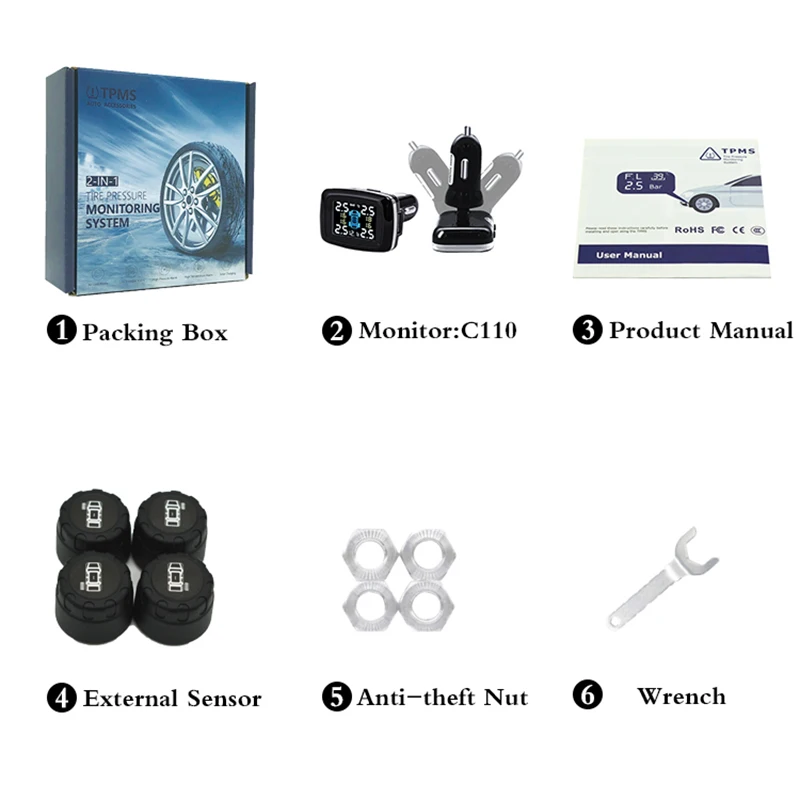 

Car Tire Pressure Monitoring System TPMS Digital Display Adjustable Screen 4 Sensors C66