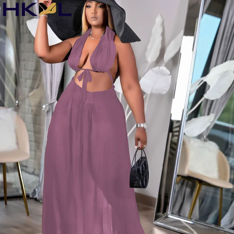 

2021 Summer New Chiffon Women's Set Fashion Halter Neck Crop Tops and Long skirt Matching Two Piece Set Swimsui