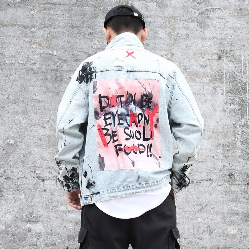 

Fashion Hipster Graffiti Denim Jackets Mens Streetwear Hip Hop Casual Patchwork Ripped Distressed Punk Rock Jean Tops Coats Male