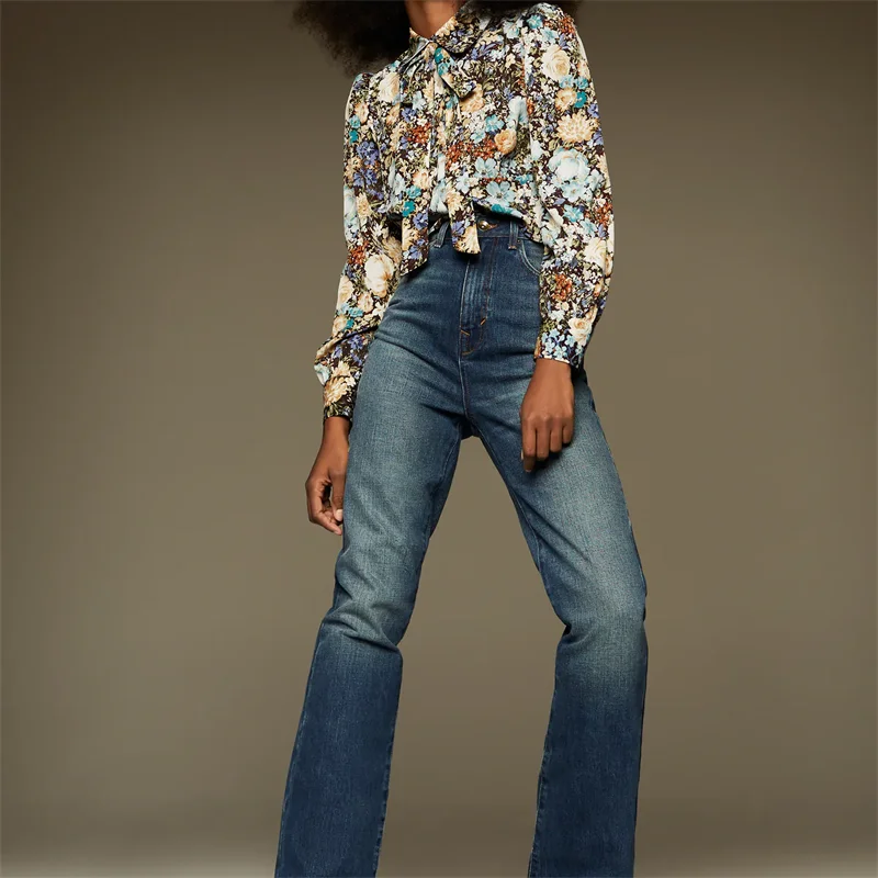 

TRAF Women 2021 Fashion With Bow Tie Floral Print Cropped Blouses Vintage Long Sleeve Button-up Female Shirts Streetwear