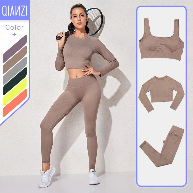 

Seamless Yoga Set Women Workout Sportswear Gym Clothing Fitness Long Sleeve Crop Top High Waist Leggings+Sport Bra Sports Suits