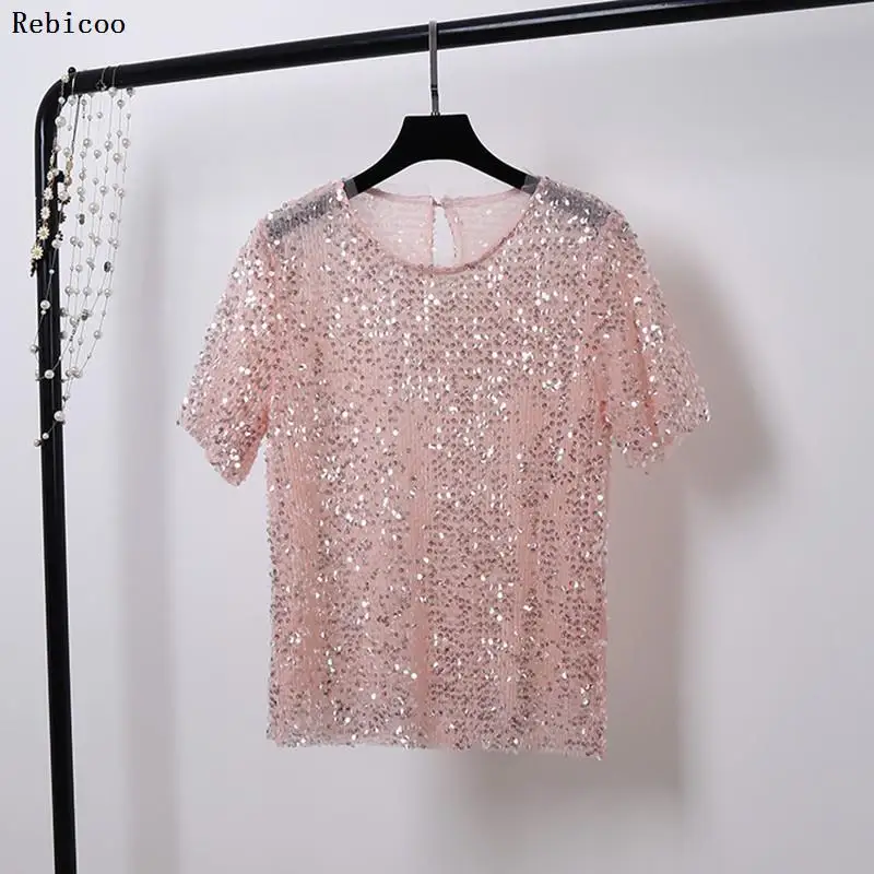 Pink Женские летние топы, модная футболка с блестками, свободная футболка с коротким рукавом, повседневные модные блестящие Топы - Color: Pink
