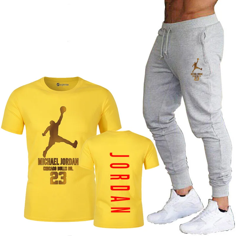 

Popular new style 100% cotton men's T-shirt + sports brand trousers suit summer high-quality sports running clothe