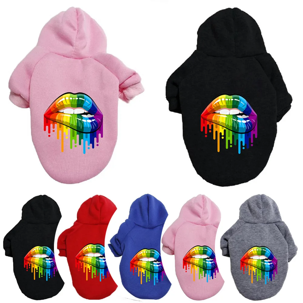 

Новые толстовки для собак, Осень-зима, модная повседневная толстовка с принтом в виде разноцветных губ для домашних животных, подходит для б...