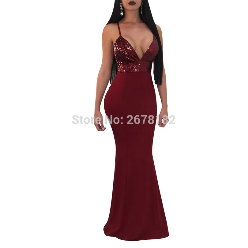 Женское платье макси с блестками без рукавов сексуальное глубокий v образный