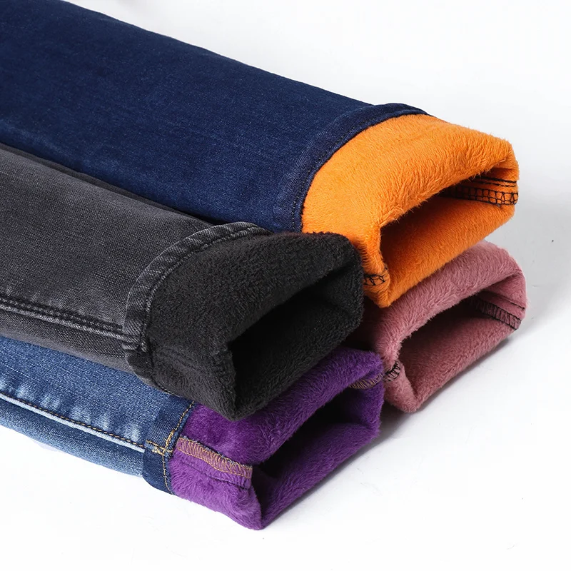 

SHZQ Large Size 26-40 Winter Women Colorful Plus Velvet High Waist Jeans Denim Trousers Stretch Warm Pencil Pants Thick Skinny J