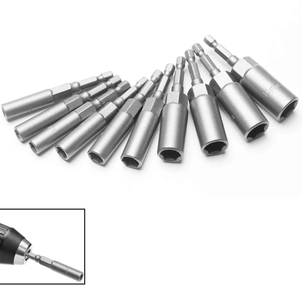 

10PCS 5.5-14MM Deepen Power Nut Driver Drill Bit Set Impact Socket Adapter For Power Tools 6.35MM Hex Shank Length 80mm