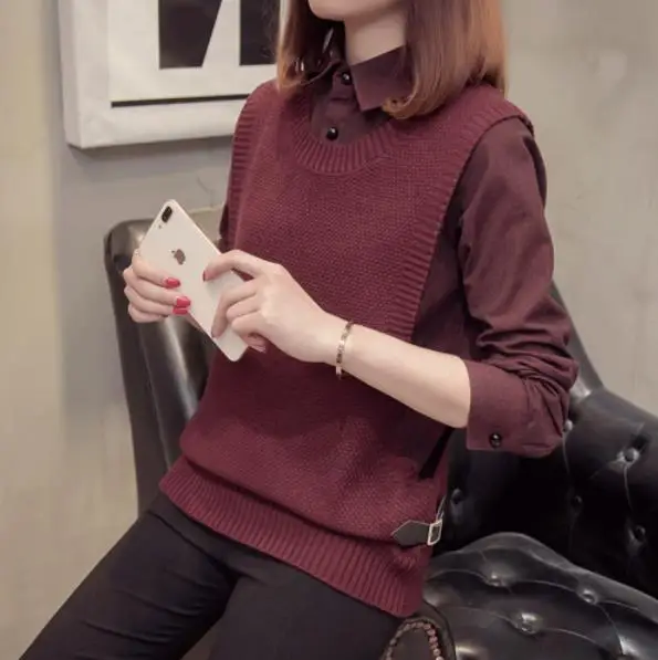 Осень Зима Новый женский винтажный свитер рубашка и вязаный жилет поддельные две