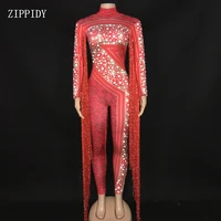 red tassel printed rhinestones jumpsuit birthday prom celebrate fringes bodysuit dj female singer dancer stage wear