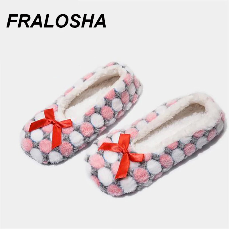 FRALOSHA/теплые домашние женские тапочки; хлопковая обувь; плюшевые женские тапочки; нескользящая домашняя обувь в горошек с бантиком; женские домашние тапочки