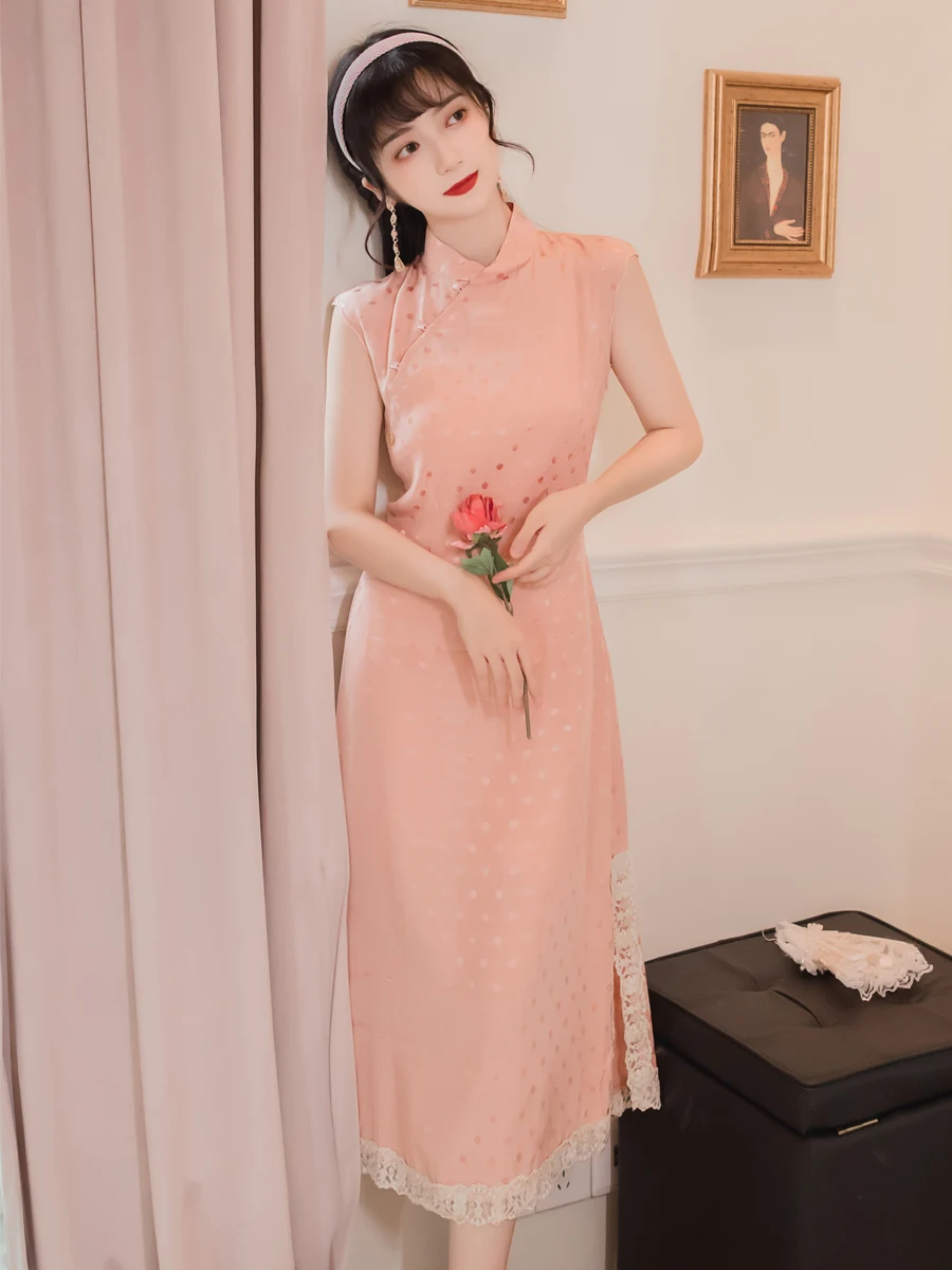 

Make spot pink fairy jacquard improved loose qipao dress