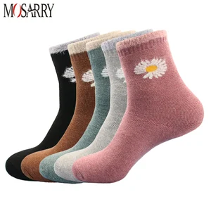 Носки женские зимние, хлопковые, с вышивкой Маргаритки