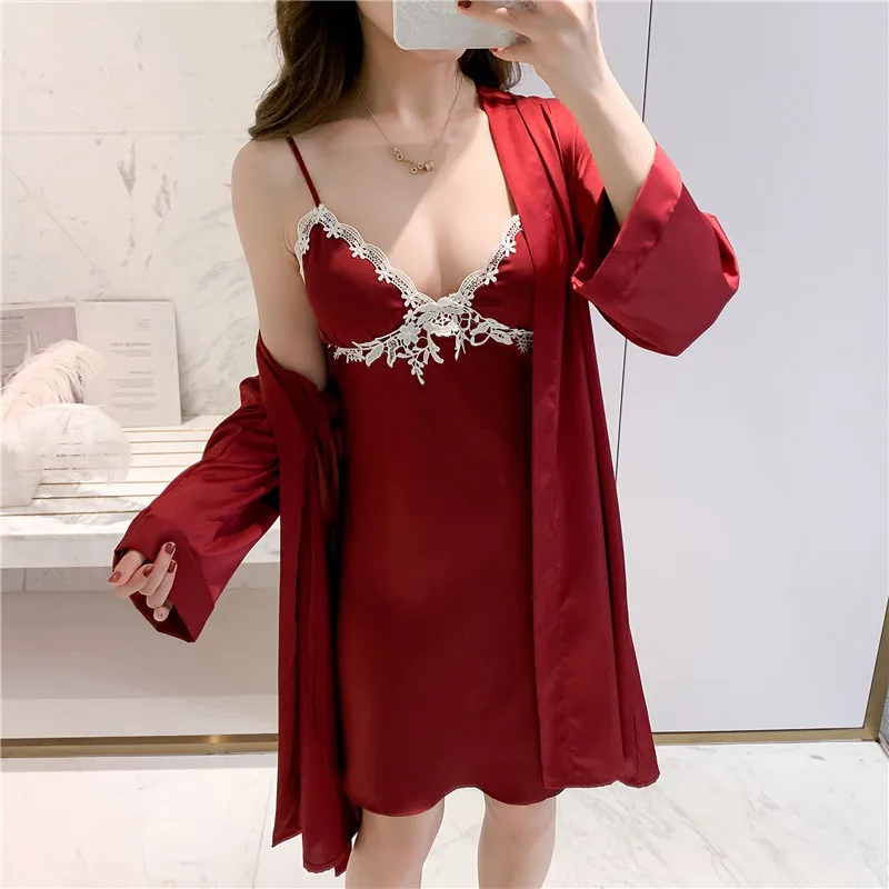 

Комплект свадебного халата, Женская Сексуальная кружевная ночная рубашка, весна-лето, кимоно, халат, ночная рубашка на бретелях, домашняя од...