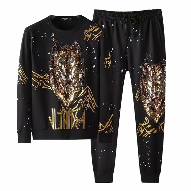 

European men's light luxury casual long-sleeved suit beaded wolf pattern new sports two-piece suit