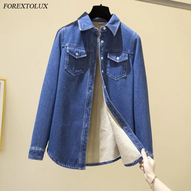 

Pockets Soft Velvet Denim Blouses Women Spring Fall Buttons Lapel Jean Overshirts Blue Full Sleeve Large Casual Tops Clothing