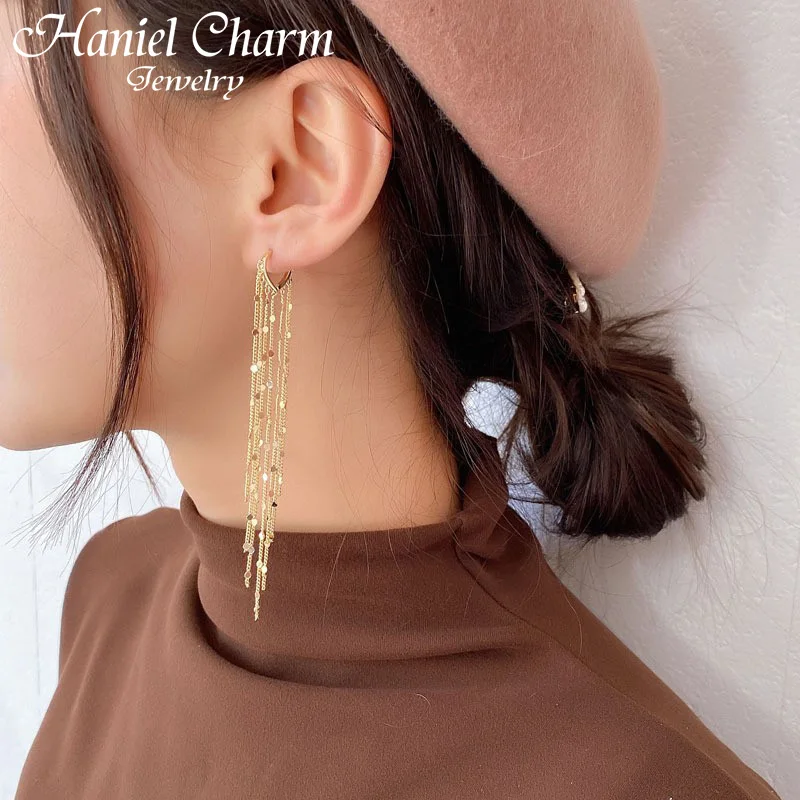 

2021 New Fashion Long Metal Tassel Drop Earrings for Women Korean Joker Sweet Lovely Heart Elegant Party Wedding Jewelry Brincos