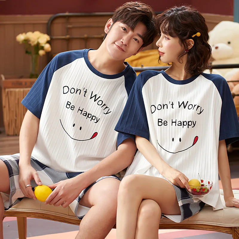

2021 New Summer Couple Pajamas Set Women Sleepwear Female Casual Cartoon Printed Pyjamas Femme Tops with Short Home Clothing