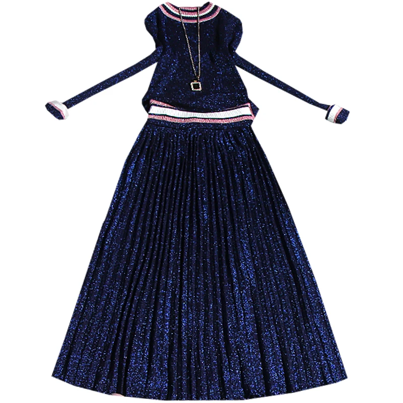 

winter new two pieces women skirt sets knitted sweater pullovers and pleated A-line knee-length skirts lady elegant skirs sets