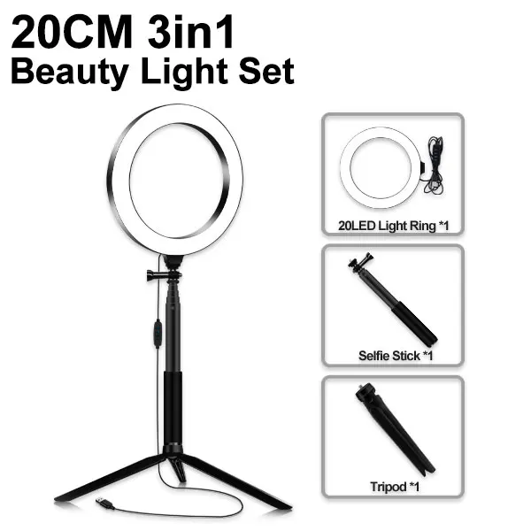 20cm black 3 in 1 Светодиодная кольцевая лампа с регулируемой яркостью для селфи,фотосъемки, Yutube Live Video Makeup.3500 K-5500 K, с штативом, телефонным держателем и USB кабель - Цвет: 20cm black 3 in 1