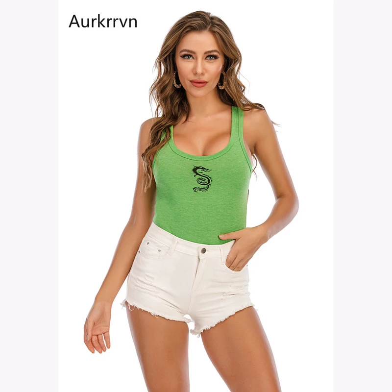 

Aurkrrvn Bodycon Sexy Bodysuits Woman Dragon Printed Beach Summer Bodysuits Romper Women 2020 Casual Basic Sport Bodysuits Lady