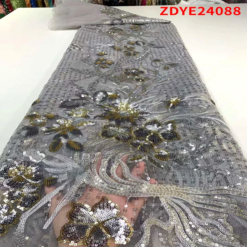 

2021 Hot Sale Exquisite Sequins Embroidered Lace Fabric African Embroidered Lace Fabric 5 Size Ladies Dress ZDYE24080
