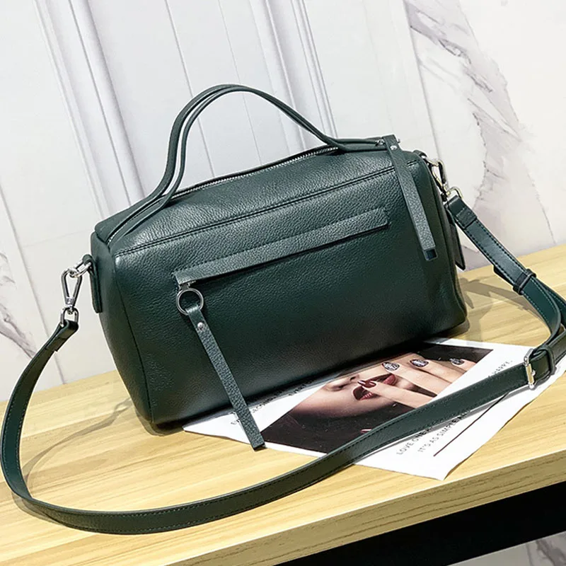 

New High Quality The first layer of cowhide handbags new Boston bag leather shoulder messenger bag double shoulder strap bag