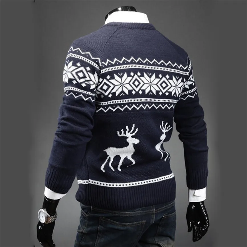 Mens Causal O Neck Sweater Deer Printed Autumn Winter Christmas Pullover Knitted Jumper Sweaters Slim Fit Male Clothes