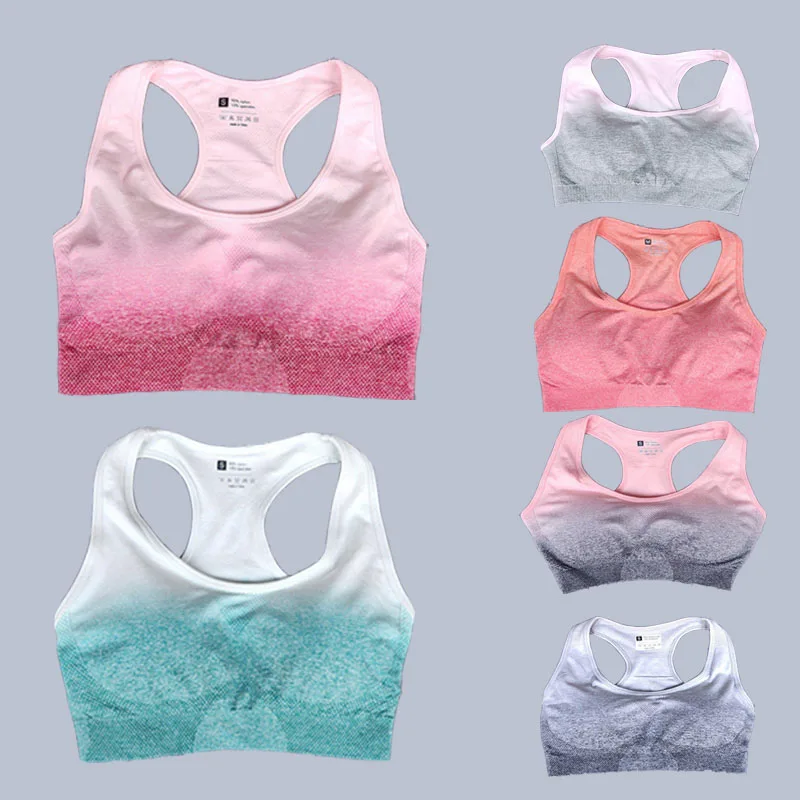

Женский бюстгальтер для фитнеса и йоги, тренировочная спортивная одежда, бесшовный градиентный спортивный бюстгальтер, женский укороченны...
