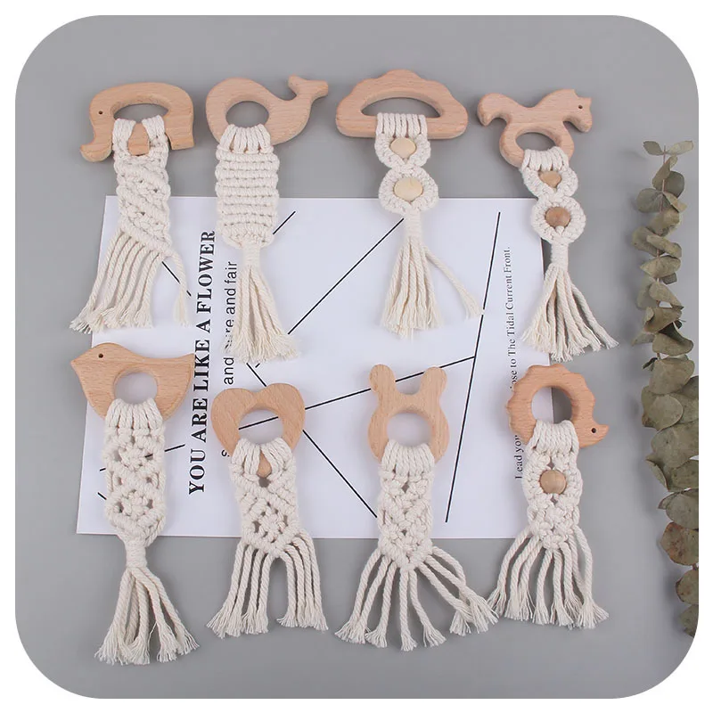 

1Pcs Handmade Tassel Cotton Rope Beech Teether Chewable Baby Molars Wooden Teether Teething Ring Baby Care Products Bite Glue