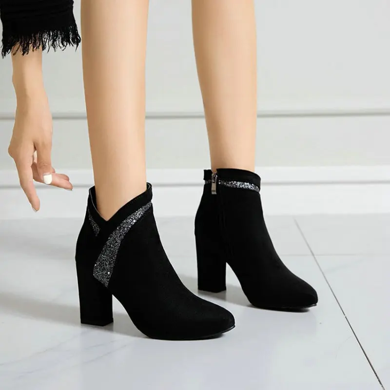 

Sianie Tianie flock side V cut sexy lady office pumps winter autumn shoes block high heels glitter women ankle boots size 33-43