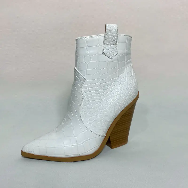 Fashion Ankle Boots Women Faux Leather Wedges High Heels Western Boots Pointed Toe Zipper Autumn Winter Short Boots Woman Shoes