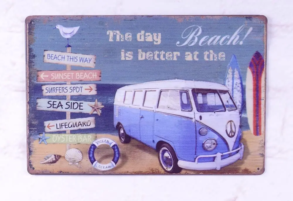 

Beach Car Metal Sign Vintage Tin Metal Signs Bar Pub Home Art Poster Wall Plaque Retro Beer Decor