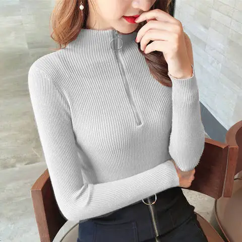 Casual Zipper Sweater Women Turtleneck Solid spring autumn female Knitted sweater Pullovers long Sleeve chic Soft Jumper top | Женская
